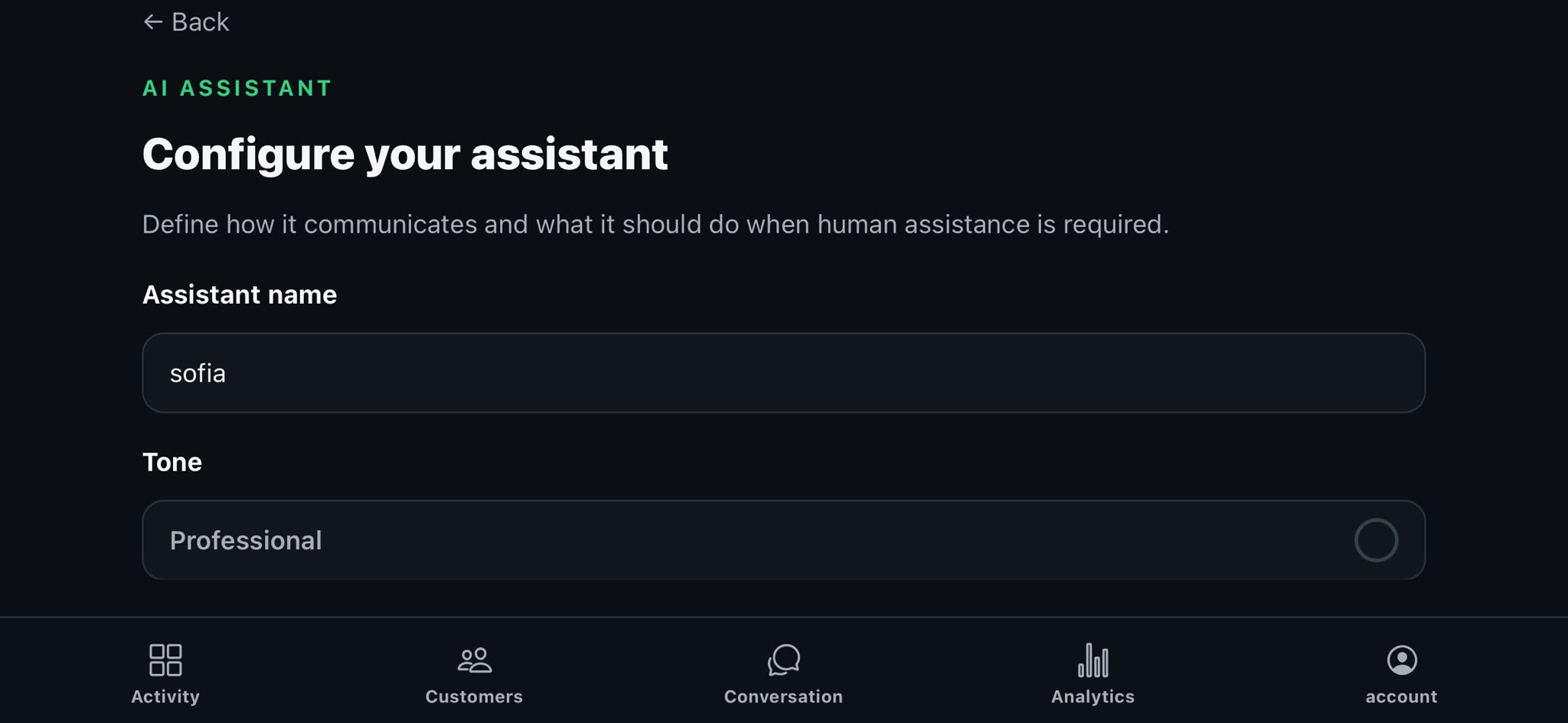 AI assistant configuration screen